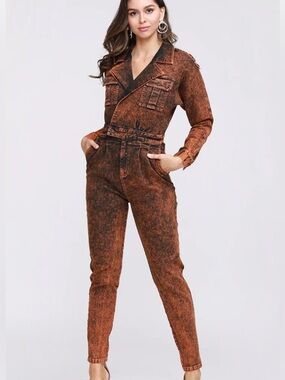MEBON Black Orange Acid Wash Denim Jumpsuit Large
